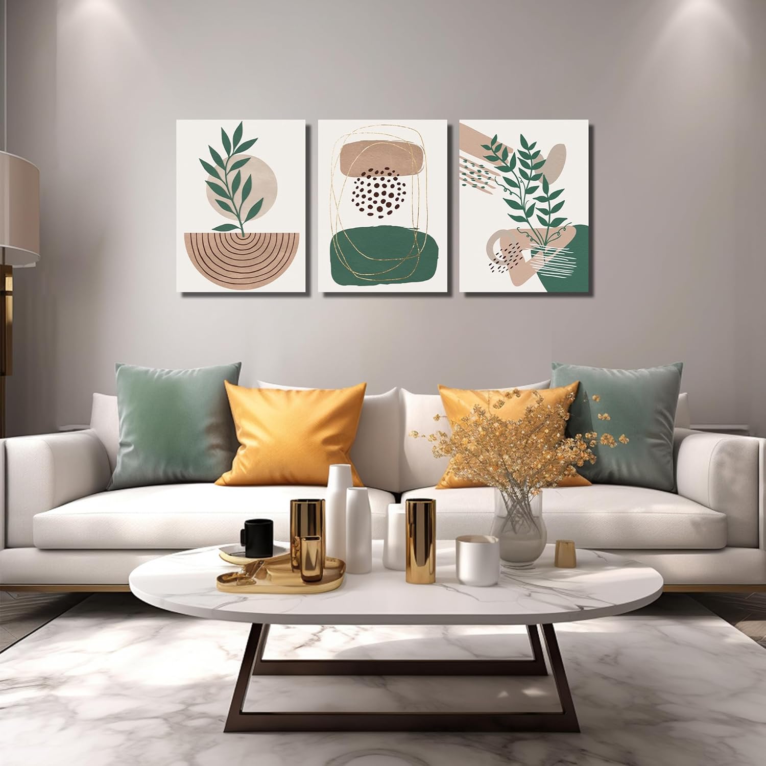 DNIEOTU Boho Canvas Wall Art for Living Room, Minimalist Geometric Shapes Wall-Decor for Bedroom, Modern Botanical Picture Prints, Size 16 x 24 Inches 3-Pieces