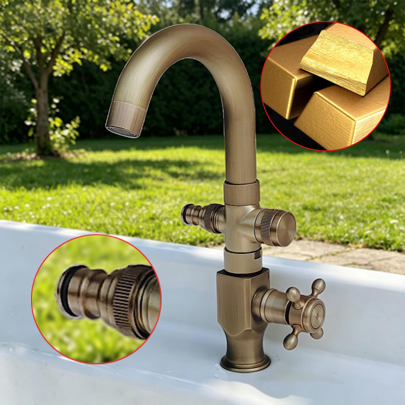 Grifo Doble Salida Lavadora Giratorio De 360° Grifo Exterior Latón Solo Agua Fría con Un Solo Orificio,Antigüedad