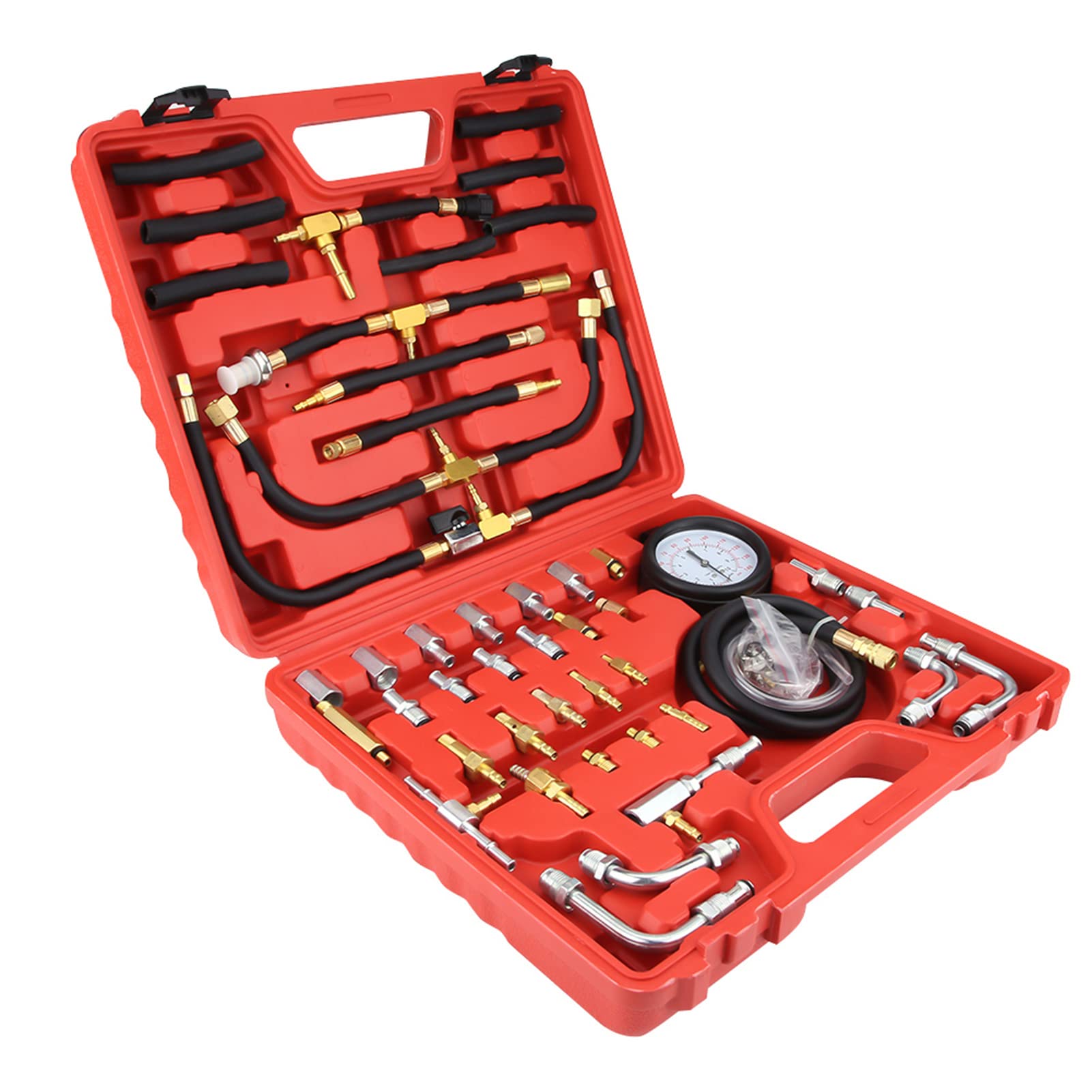 Keenso Kit de prueba de presión de combustible de gasolina, herramienta de diagnóstico de bomba de inyección de combustible de cobre y caucho, de 0 a 140 PSI con válvula de alivio y adaptadores para