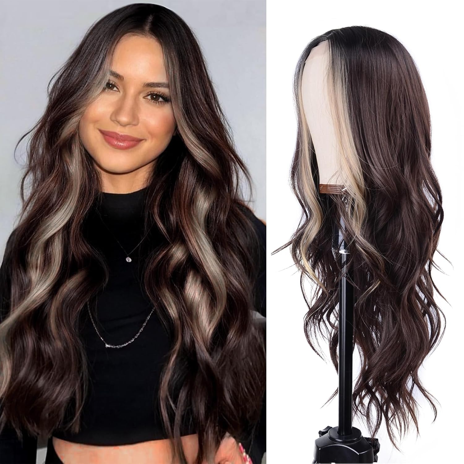 Long Brown Mix Blonde Wavy Wig for Women 26 Inch Middle Part Curly Wavy Wig Natural Looking Synthetic Heat Resistant Fiber Wigs for Daily Wear, Party, Cosplay