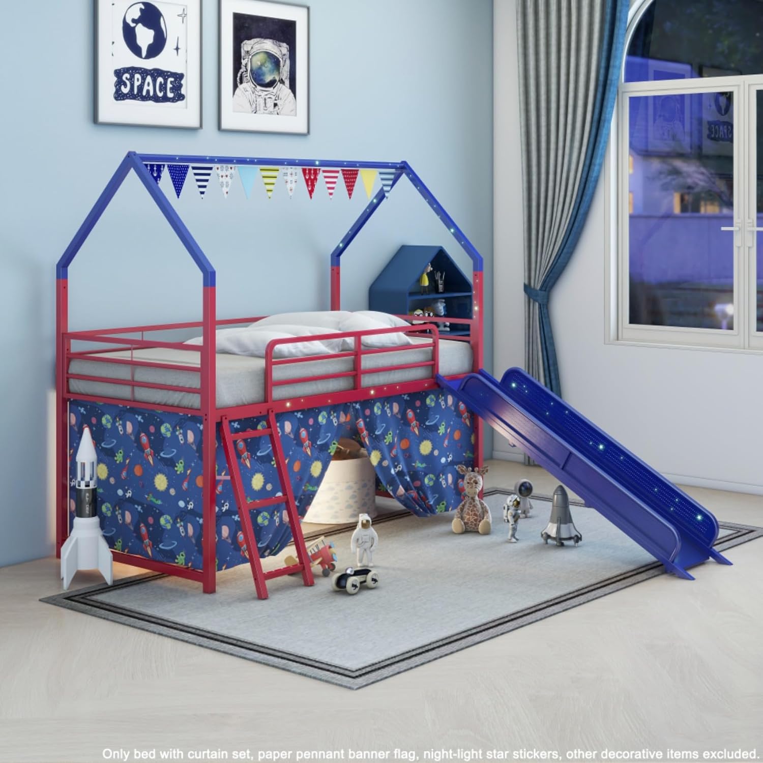 Metal Twin Size Low Loft Bed with Slide and Guardrail, House Bunk Bed with Roof and Curtain Set Built-in Pennant Banner Flag and Star Stickers, for Kids Boys Girls, Blue
