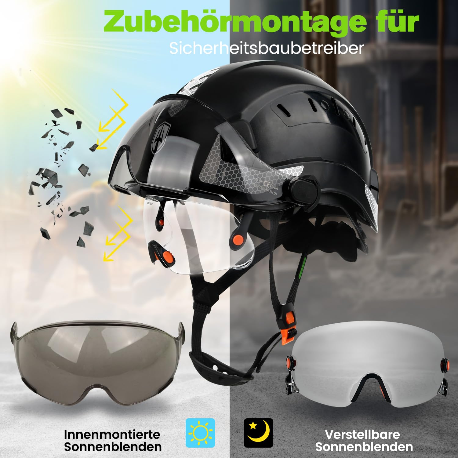 GREEN DEVIL Mervex Vent Set - EN397 & EN166 zertifizierter Industrieschutzhelm mit Doppelvisier (außen getönt/innen klar) + Shield LD Aktives Bluetooth Gehörschutz SNR 32dB
