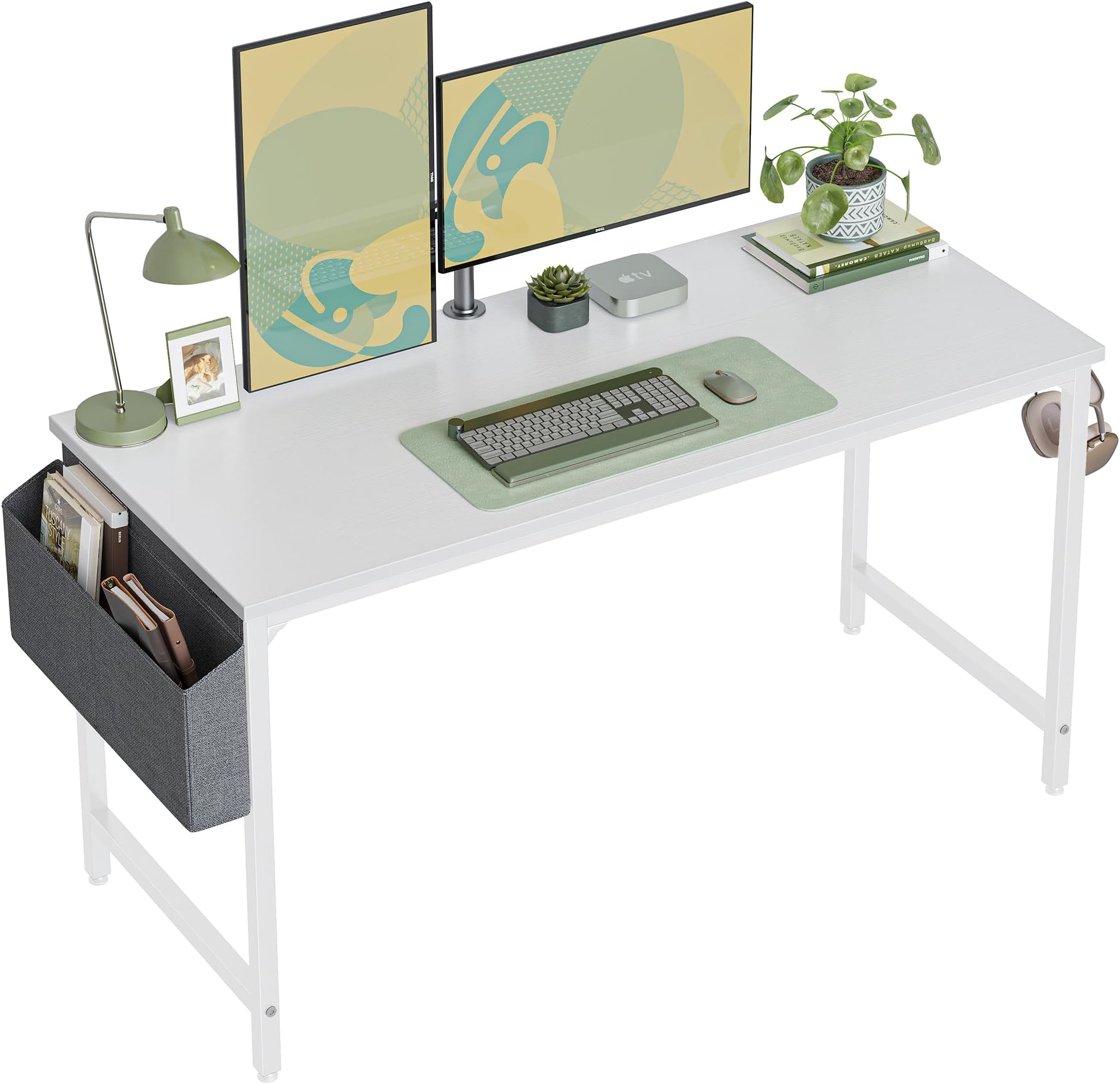 CubiCubiComputer Desk 63" Study Writing Table for Home Office, Modern Simple Style PC Desk, White Metal Frame, White