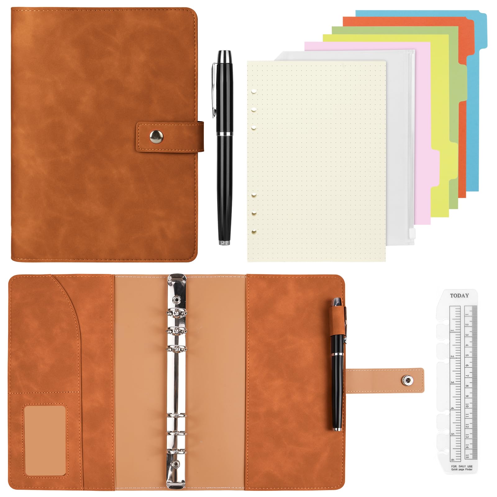 Cuaderno A6 Anillas de Cuero Sintético, Recargable Libretas Bonitas con Cuadrícula de Puntos A6, Bolsillos Interiores y Separador de Índice, Agenda Ahorro para Viajes, Trabajo, Escuela (Marrón)