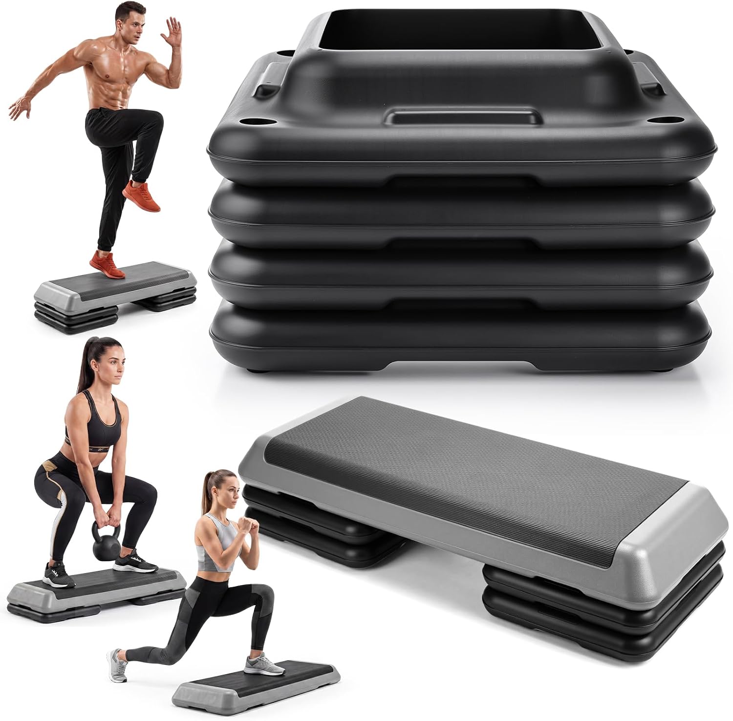 4 Pcs Black Aerobic Step Risers, 16"x16" Extra Adjustable Risers for Exercise Workout Platform, Stackable Step Blocks for Home Gym Fitness, 2 Pairs - Platform Not Included