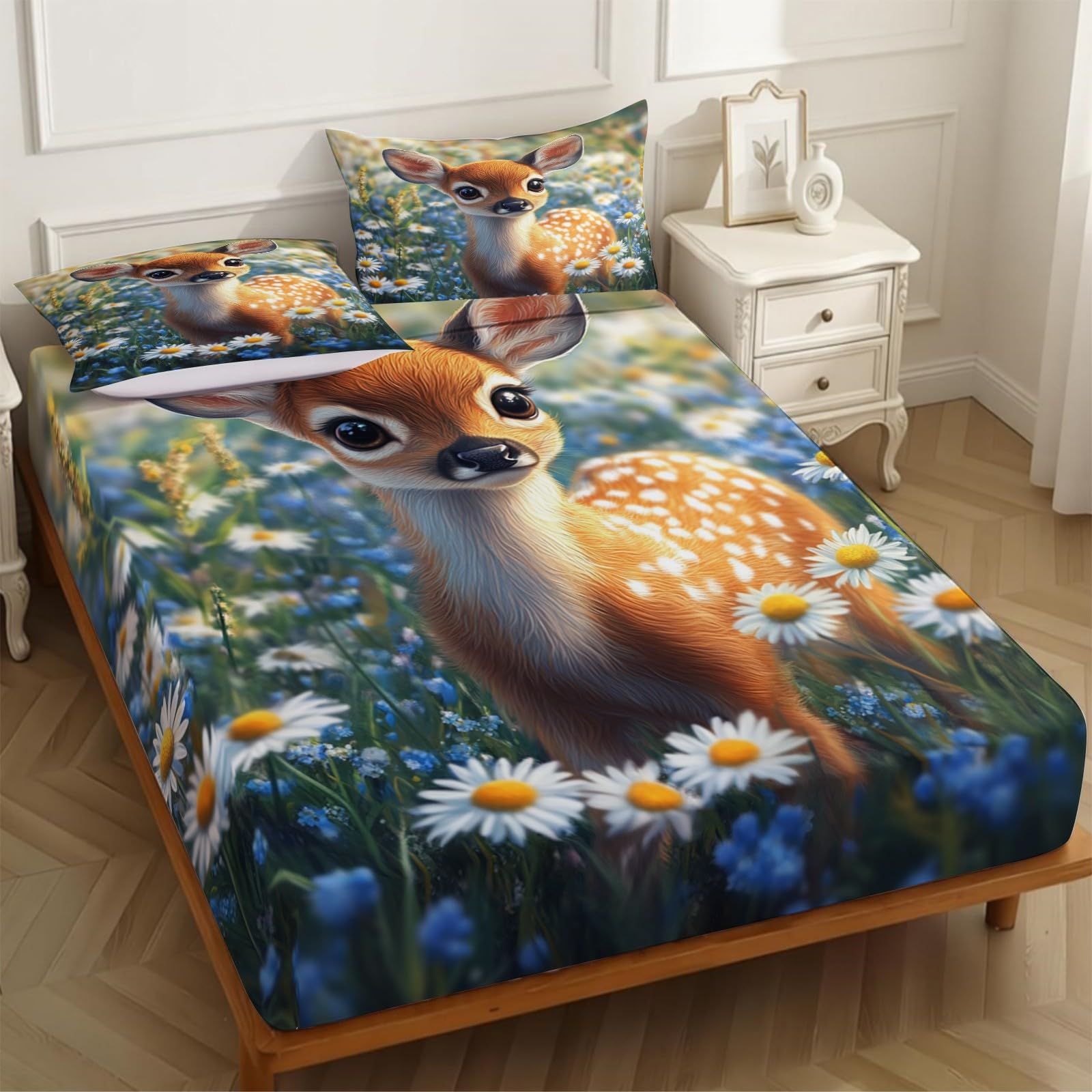 Lenzuolo con Angoli 180 x 200 cm Microfibra cervo dei fiori Lenzuolo Sotto Elasticizzato Profondo 25 cm marrone per Letto Singolo e Matrimoniale