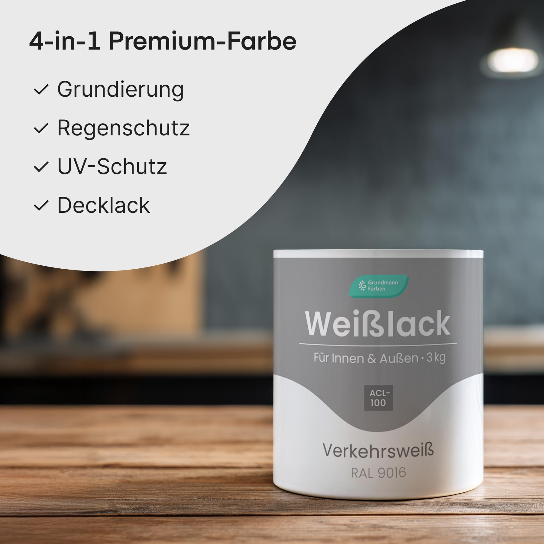 Grundmann Weisslack - 3 Kg - RAL 9016 Verkehrsweiss - Seidenmatt - 4in1 Grundierung & Decklack - Premium Weißlack - Hohe Beständigkeit & Deckkraft - Holz, Metall, Kunststoff