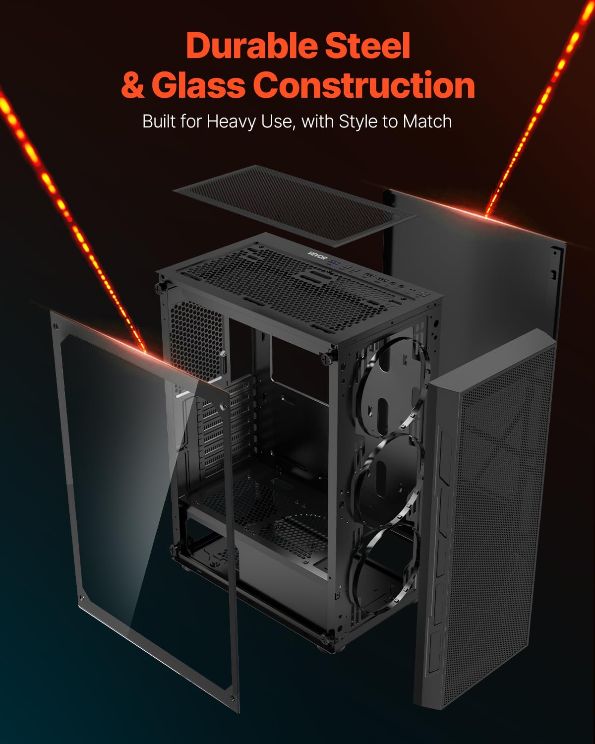 VEVOR Caja de PC Torre Media con Panel de Vidrio Templado Alto Flujo de Aire 3 Ventiladores ARGB de 120 mm Gestión de Cables Compatible con GPU hasta 320 mm de Longitud Compatible con ATX/M-ATX/ITX