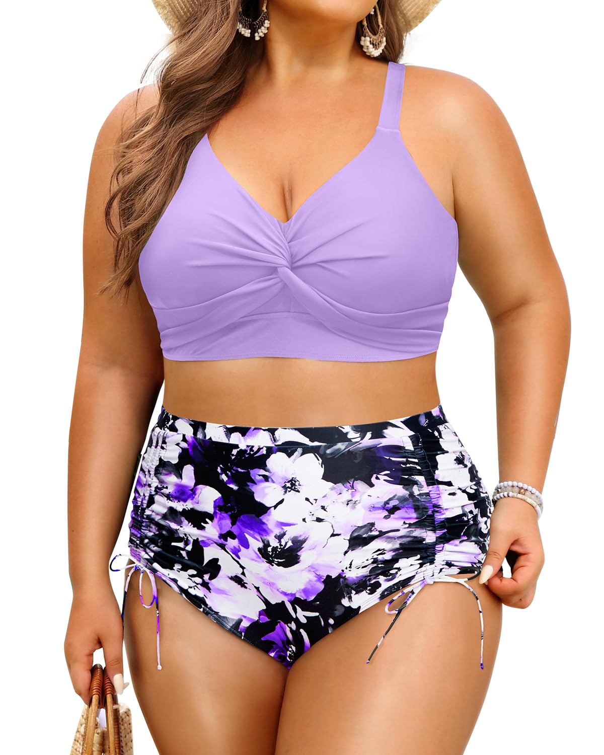 Womens Plus Size High Waisted Bikini -Twist Front Two Piece Swimsuit 2025 Tummy Control Bathing Suits with Drawstring