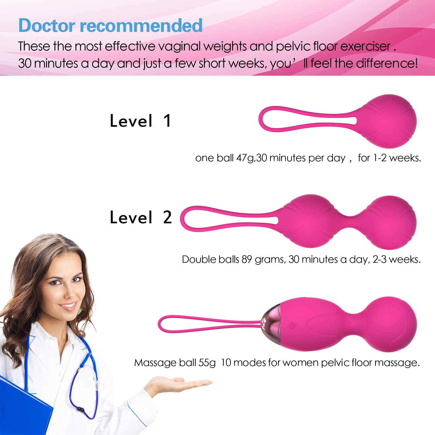 Boules de Geisha - avec 3 Kegel Balls en Silicone Kit d'entraînement pour Renforcer & Tonifier Les Muscles Pelviens (Pink)