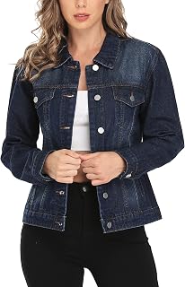 MISS MOLY Women's Button-Up Long Sleeve Denim Jean Trucker Jacket with Pockets - Classic Trendy Cotton Coat