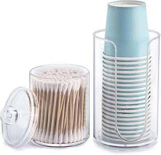 LoveBB 3oz-5oz Bathroom Cup Dispenser with 10oz Qtip Holder Dispenser, Small Disposable Paper Cup Holder Bathroom Accessories for Rinsing/Mouthwash Cups, Clear