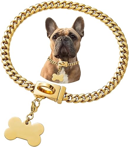 Miniatura 62 de Collar de perro de acero inoxidable, collar de joyería de bulldog con encanto, impermeable, oro rosa, negro, plata, resistente, collar de perro