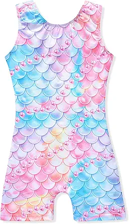 Leotards for Girls Gymnastics Toddler Dance Biketards Mermaid Unicorn Athletic Dance Wear Shiny Rainbow Blue Hotpink