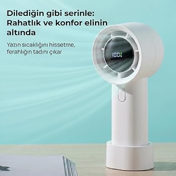 ROBEVE Cırak Turbo El Vantilatörü 100 Kademeli Ayarlı Güçlü Rüzgar Taşınabilir Fan LED Ekranlı USB-C Şarjlı Sessiz Mini Vantilatör Masaüstü ve Elde Kullanım El Fanı Mini Vantilatör Mini Fan (Beyaz)