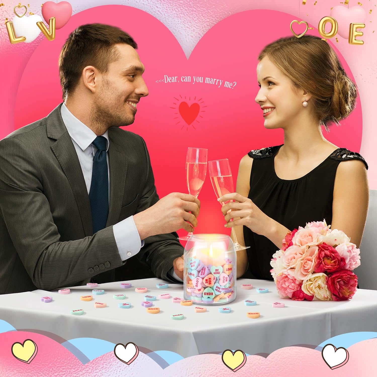 Threehoney 240 Pcs Conversation Hearts Vase Filler Valentine's Day Heart Ornament for Floating Candles Candy Love Centerpiece for Valentine Wedding Home Table Party Decor, No Water Gel, Macaron