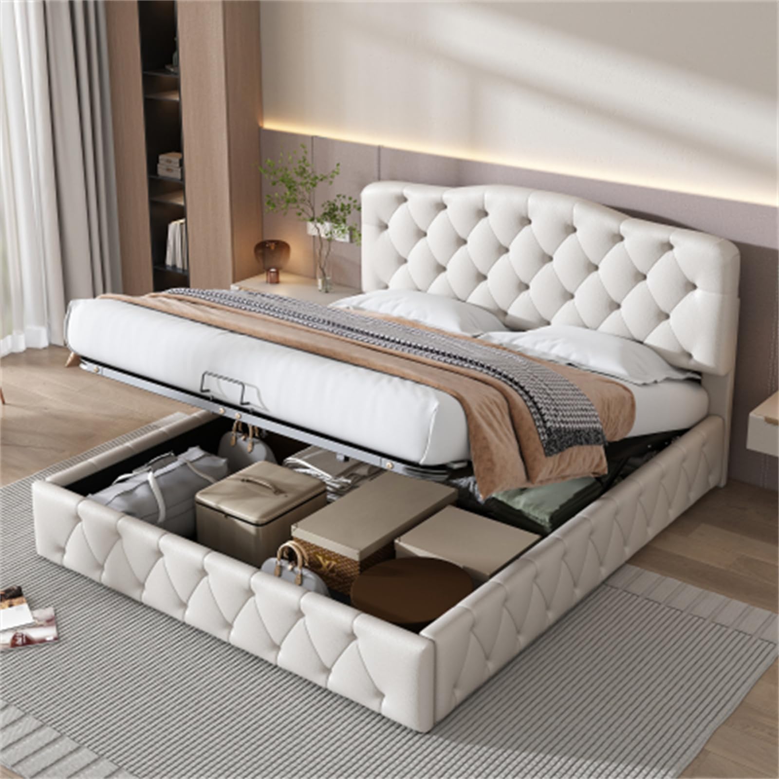 Letto imbottito con motivo litchi, 140 x 200 cm, bianco, con testiera regolabile in altezza e telaio idraulico sollevabile per adulti e ragazzi