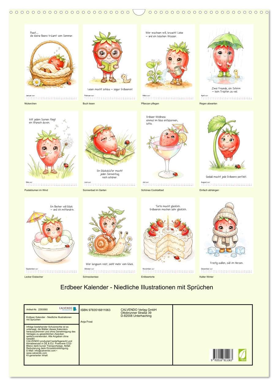 Erdbeer Kalender - Niedliche Illustrationen mit Sprüchen (Wandkalender 2027 DIN A2 hoch), CALVENDO Monatskalender: Ein liebevoll gestalteter ... gute Laune verbreitet. (CALVENDO Spass)