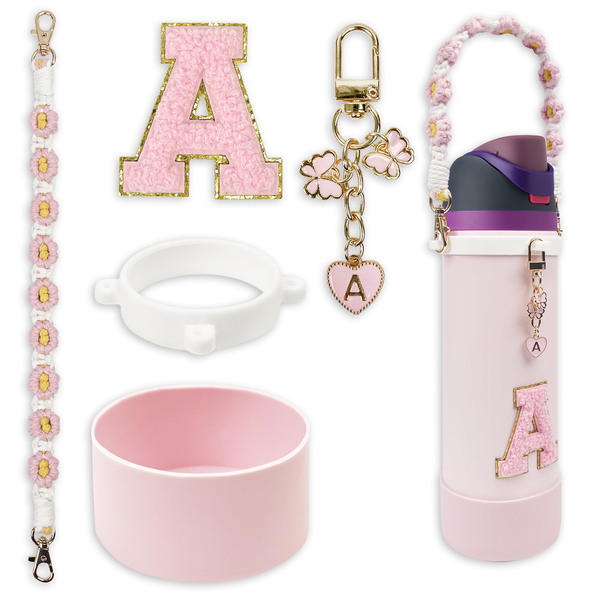 Silicone Boot Cute Monogram Set Compatible with Owala Water Bottle 24 oz - Perfect Letter Owala Accessories for Owala Tumbler, Owala Free Sip, Pink Owala, Black Owala, owala coffee tumbler (Pink, A)