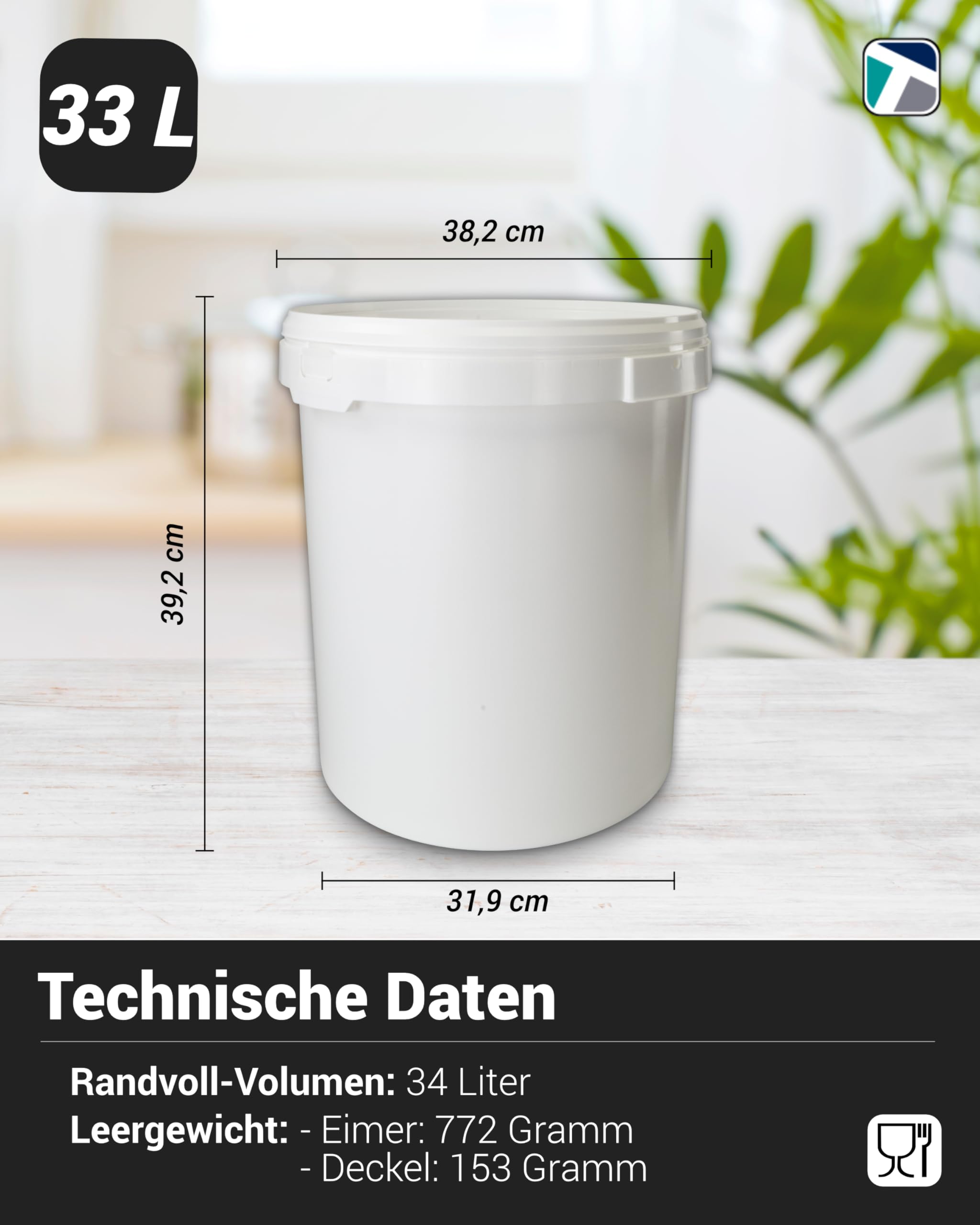 Trevendo 33 Liter Hobbock mit Deckel und Griffmulde, lebensmittelecht - luftdicht - stabil - stapelbar - Leereimer zur sicheren Lagerung inkl. Trevendo Beschriftungsetikett