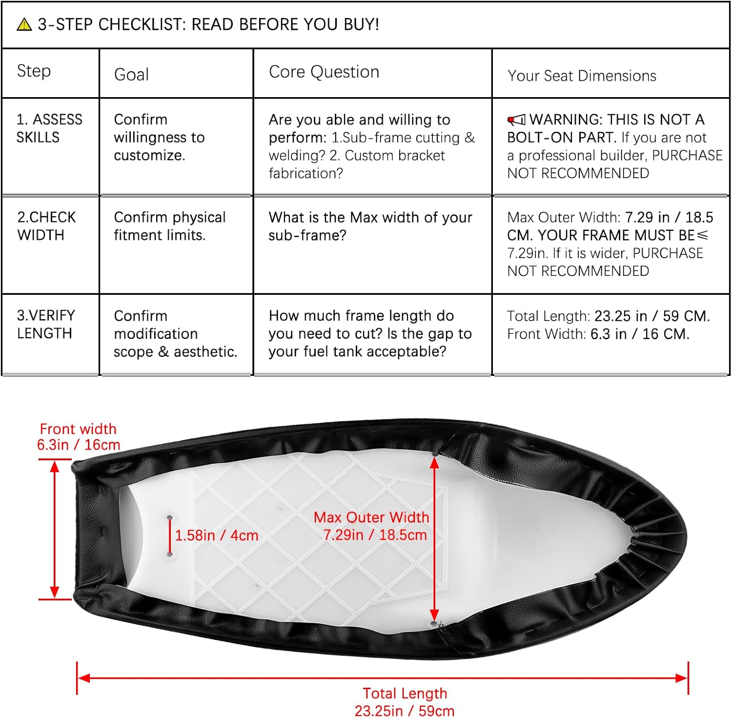 Universal Cafe Racer Hump Seat, Retro Motorcycle Seat for Custom Projects - SUB-FRAME CUTTING & FABRICATION REQUIRED (23.25" L x 7.29" W)