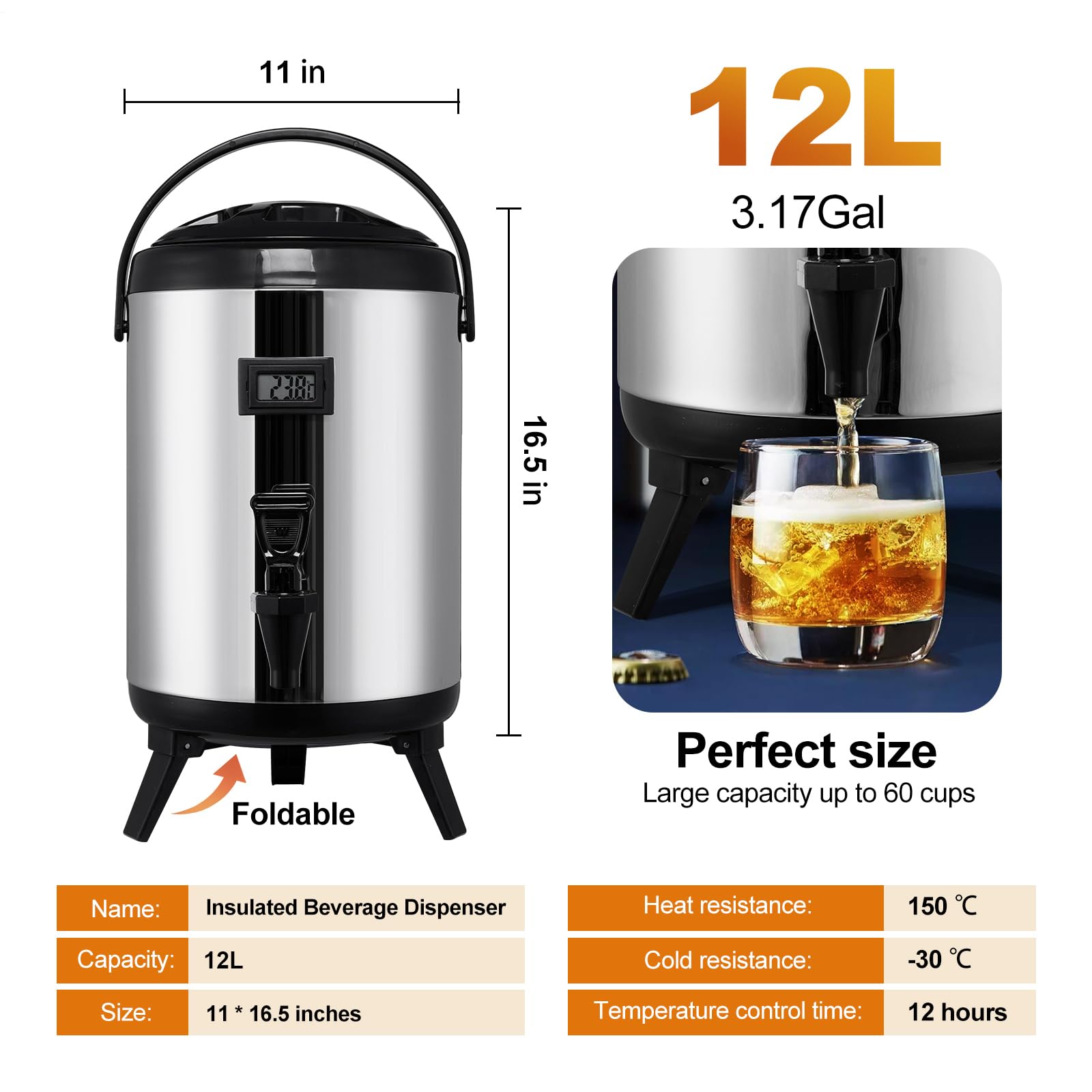 Insulated Beverage Dispenser - Thermal 12L/3.17Gal Stainless Steel Hot & Cold Drink Dispenser, with Thermometer-Spigot Large Capacity Portable Liquid Dispenser for Hot Tea&Coffee,Cold Milk,Water,Juice