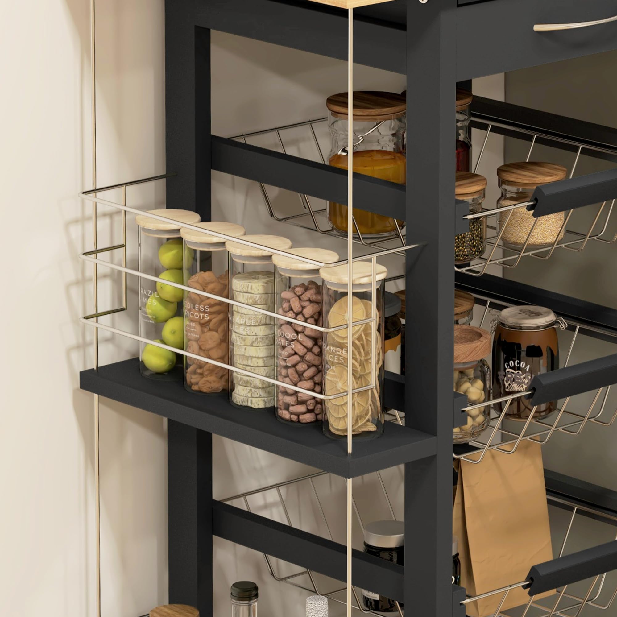 HOMCOM Carrello da cucina con ruote Carrello multiuso con cassettiera 4 cestini estraibili in metallo e cestelli laterali 47x37x83 cm Nero e legno naturale