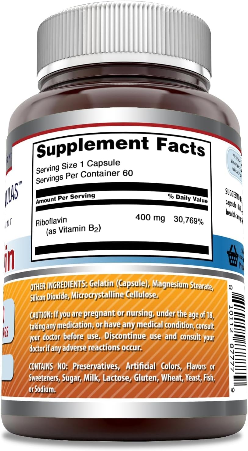 Amazing Formulas Riboflavin 400 mg Capsules | Vitamin B2 Supplement | Non-GMO | Gluten Free | Made in USA (3 Pack | 60 Count)