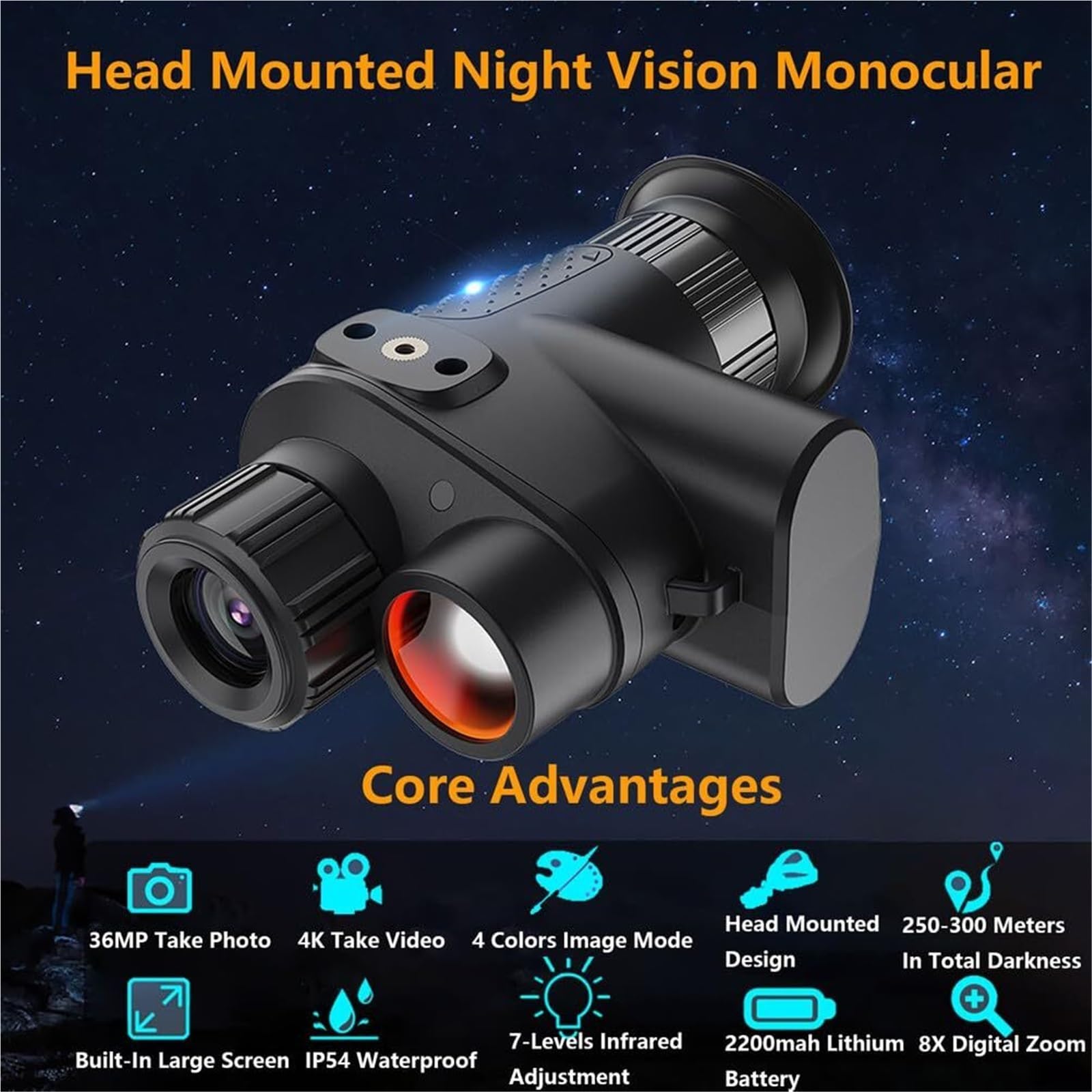 Gafas de visión Nocturna 4K montadas en la Cabeza, monocular infrarrojo con Zoom 8X, batería de 2200 mAh, Tarjeta de 32 GB, Rango de visión de 300 m for Acampar, vigilancia, Caza
