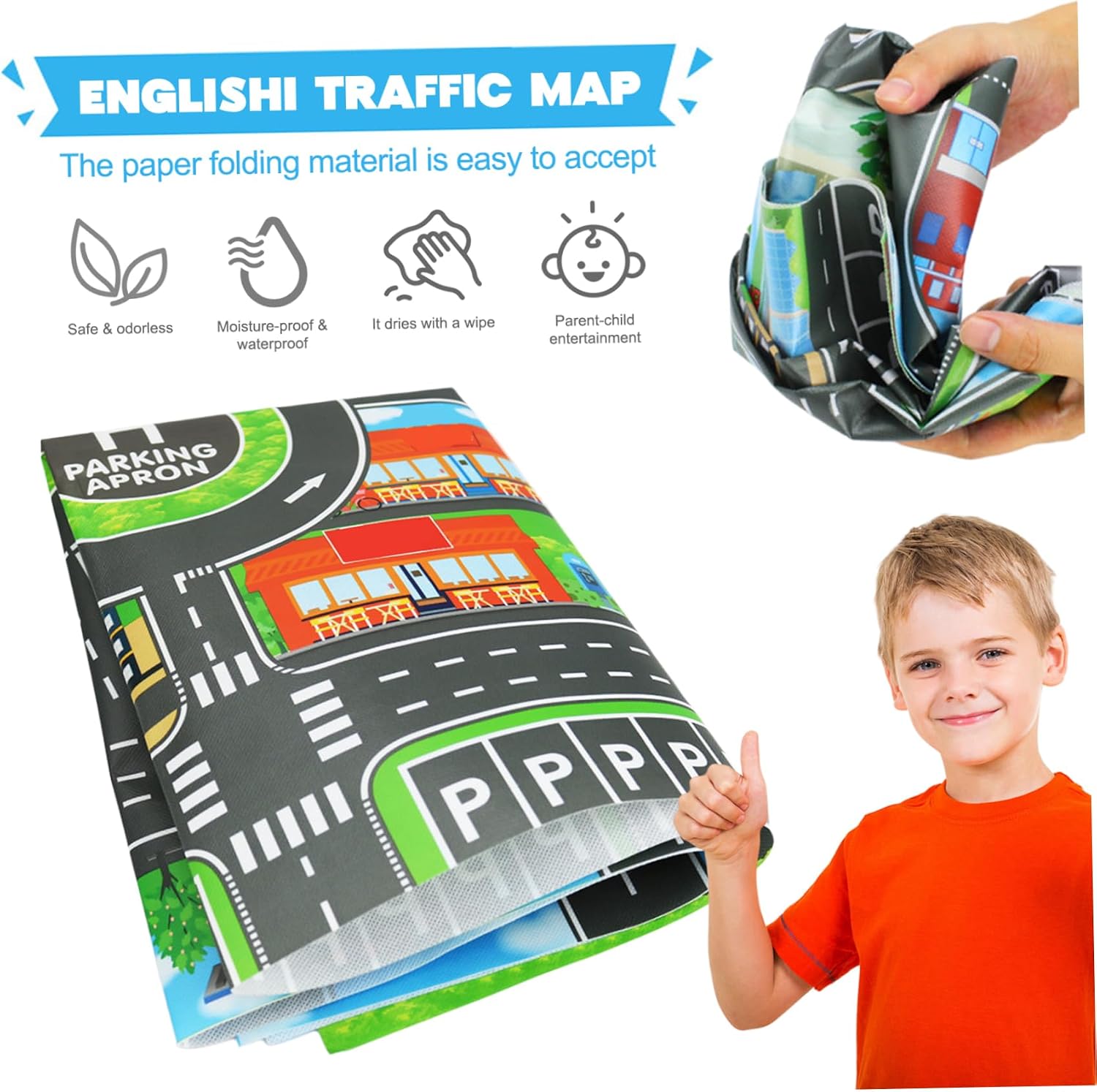 Car Play Mat, 33x23 Inch Waterproof Non-Woven Fabric Toy Car Mat, Foldable Non-Slip Educational City Traffic Road Rug for Kids Playroom Bedroom image 5