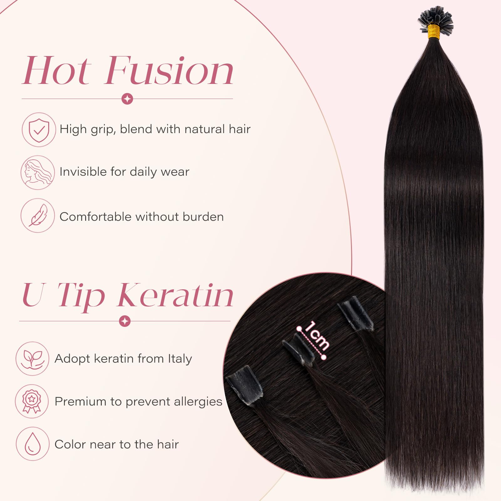 Elailite Extensiones Pelo Natural Queratina 1g Remy Cabello Humano sin Clip U Tip Keratina 50 Mechas 50g - 45cm #1B Negro Natural