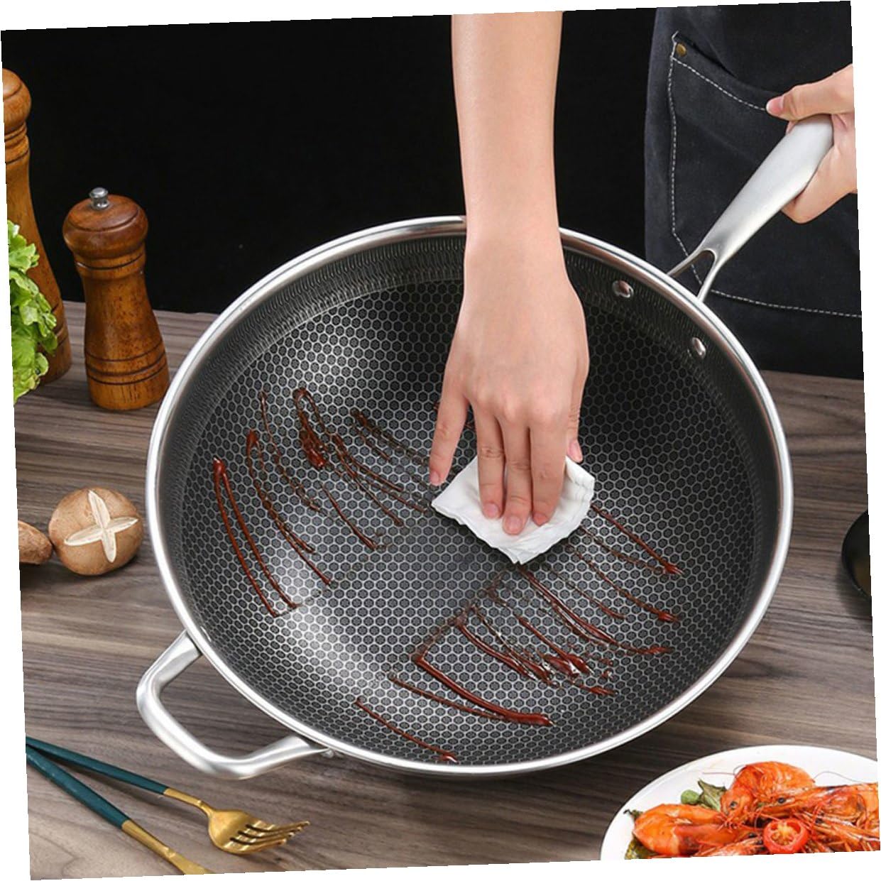 Edelstahl Wokpfanne mit Wabenstruktur, Silber, für Gas und Elektroherd | Haushalts Bratpfanne, zum Braten von Fleisch und Gemüse, Einfach zu Reinigen, Schlichtes Design