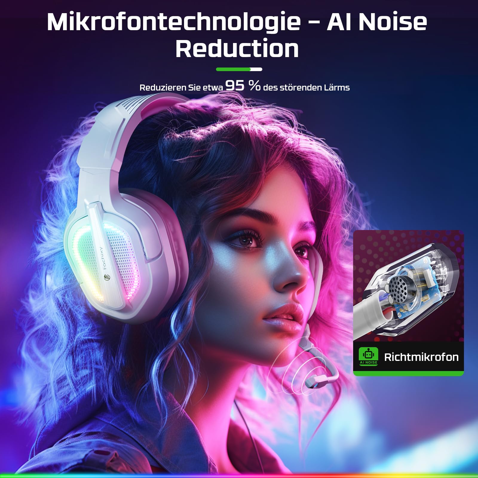 Fachixy FC200 Gaming Headset für PS5, PS4, PC, Xbox One, Super Nintendo (SNES), Gaming-Kopfhörer, Headset mit Stereo-Mikrofon-Sound mit 3,5-mm-Klinkenstecker mit RGB-Licht - Weiss-ROSA