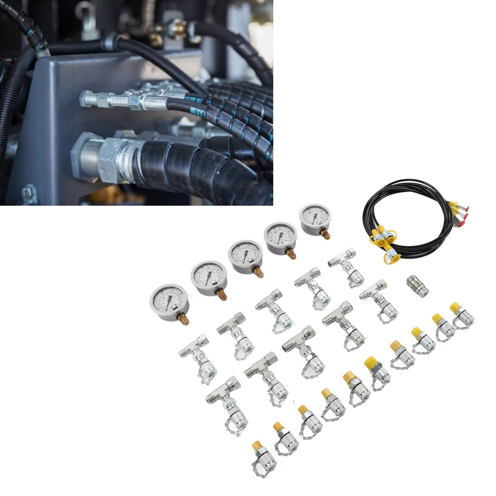 Kit di Prova della Pressione idraulica per escavatori con 5 manometri, 11 raccordi di Prova, 10 connettori a T e 3 Tubi Flessibili di Prova