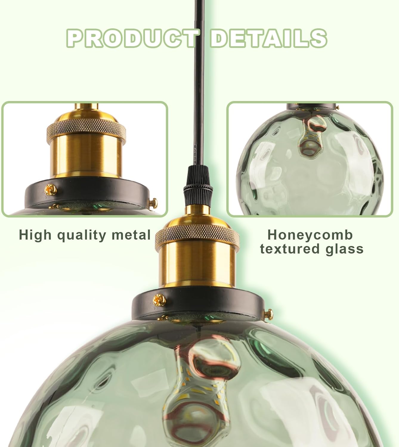 Green Plug in Glass Pendant Light Mid Century Modern Pendant Light Chandelier Ceiling Light Fixtures with Globe Shade, Plug in Hanging Light for Bedroom Living Room Dining Room