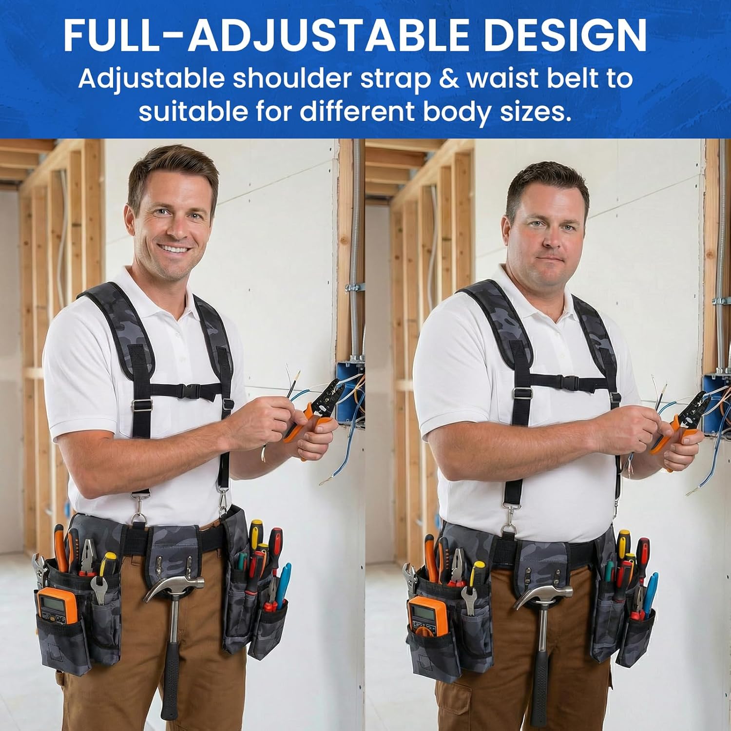 Tool Belt with Suspenders, 18-Pocket Combo Harness System with Magnetic Pouches, Heavy Duty Detachable Utility Bags Adjustable 32"-66" Waist for Electricians, Carpenters, Framers (Camouflage)
