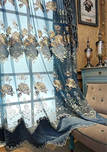 Cortinas traslúcidas con bordado europeo de color azul, con bolsillo para cortinero, para puerta corrediza de patio, diseño floral, cortinas de gasa