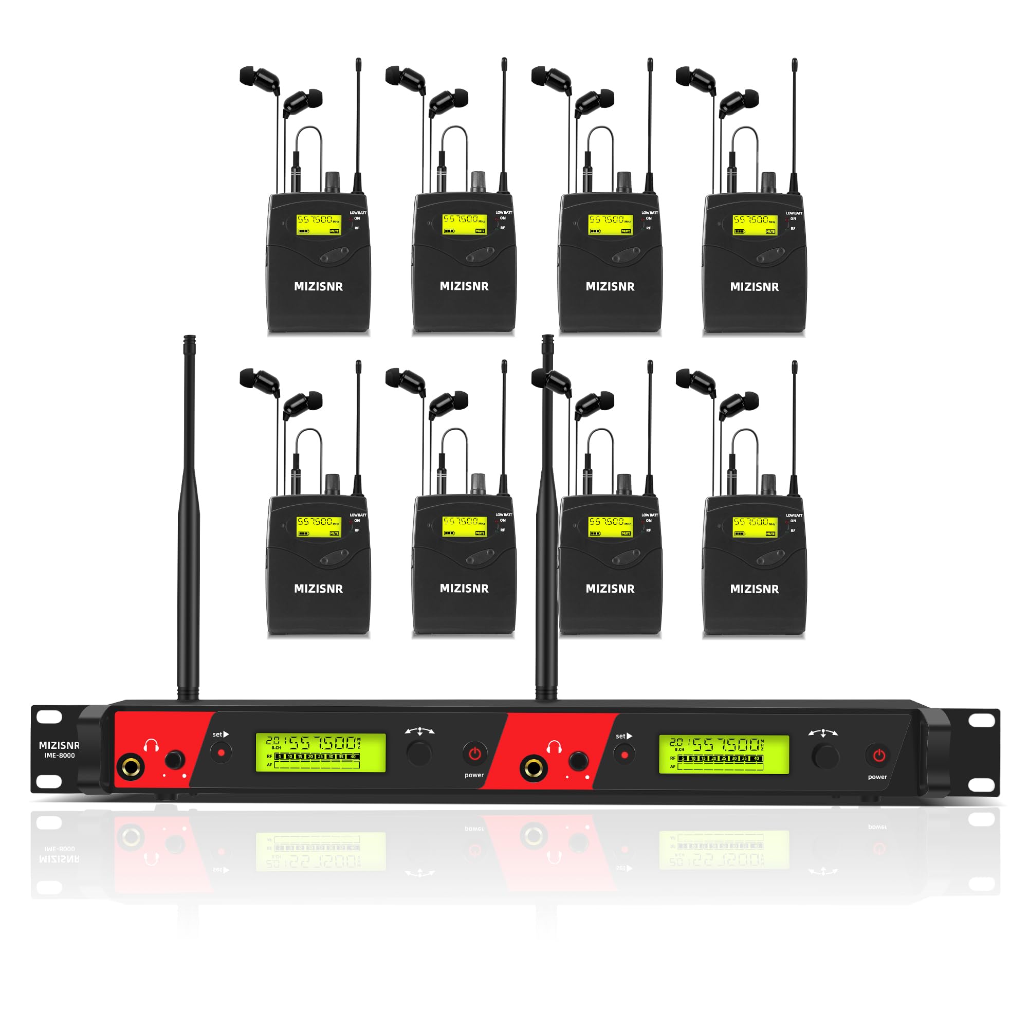 Wireless in Ear Monitor System, 2 Channel 8 Bodypacks Pro Mono IEM System for Musicians, Metal Rack Mount Monitor w/ 2x40 UHF Frequencies, 330ft Range for Band, Stage or Studio (IME-8000)