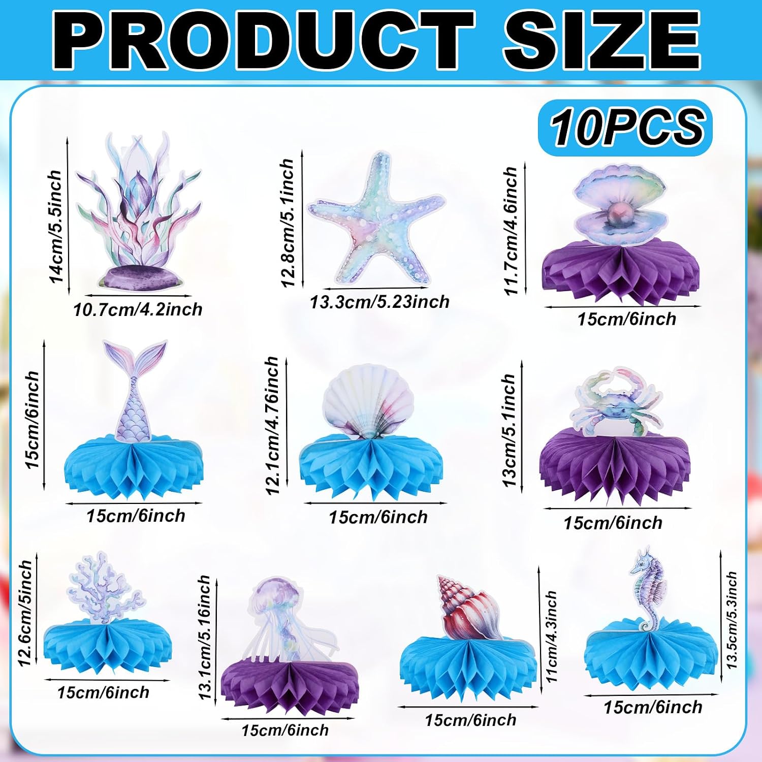 10pcs Mermaid Party Decorations, 3D Birthday Honeycomb Centerpieces for Ocean Under The Sea Party Little Baby Shower Supplies Mermaid Theme Table Cake Decorations for Kids