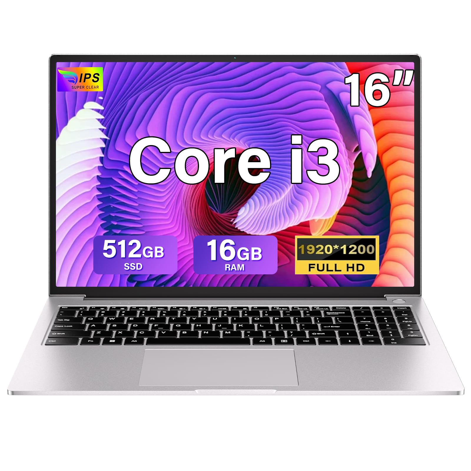 2025 Newest Ordenador Portátil 16 Pulgadas Win11 16+512GB SSD Soporte 1TB SSD Expansión Gaming Ventilador Refrigeración Core i3（hasta 3,2 GHz）5G WiFi BT4.2 Mini Puerto Multimedia 1920x1200-Silver