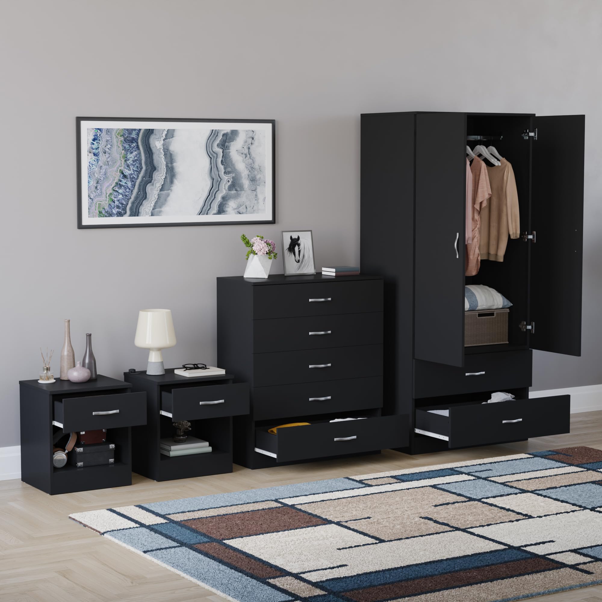Vida Designs Riano - Juego de dormitorio de 4 piezas (1 cajón, cómoda de 5 cajones, armario de 2 puertas y 2 cajones), color negro (5)