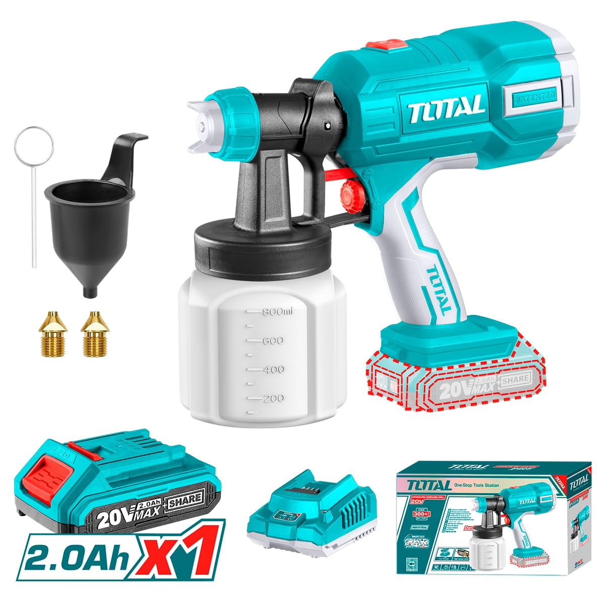 Total - Pistola de Pintura a Batería 20V - Volumen Máximo de 800 ml/min - Viscosidad Máxima de 120 DIN - Depósito de 800 ml- Incluye Embudo Medidor de Viscosidad - 1 Batería 2AH - Cargador - Maletín