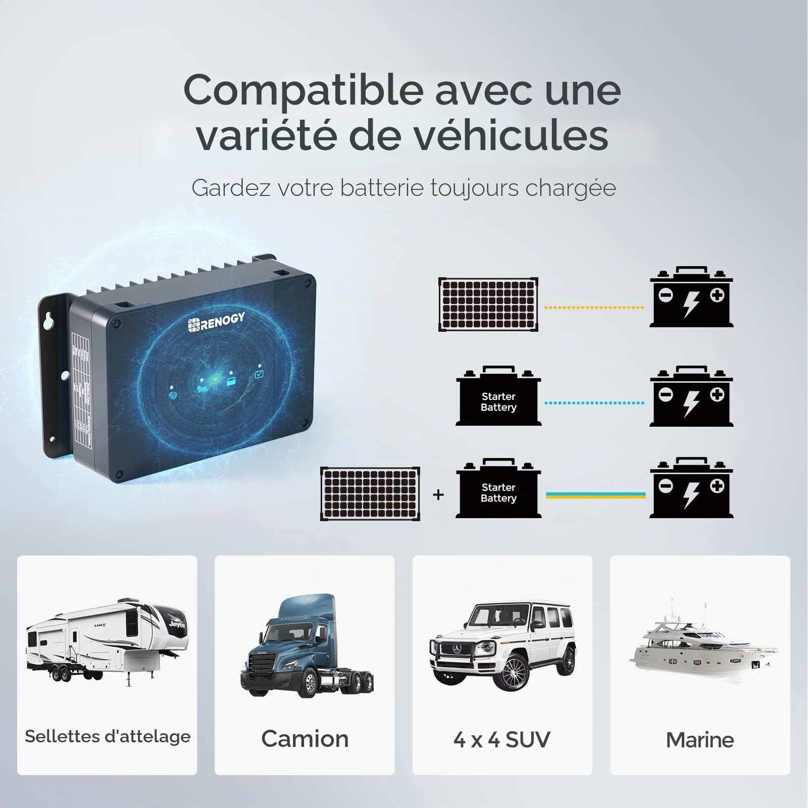 Renogy Chargeur de Batterie Embarqué 12V 50A DC-DC avec MPPT pour Batteries Gel, AGM et Lithium Utilisant Une Charge en Plusieurs Étapes, dans Les Camping-Cars, Voitures, Bateaux, Yachts