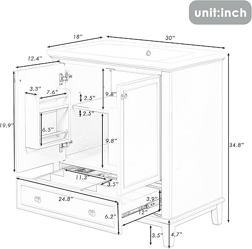 Miniatura 2 de Armario de tocador de baño de 30 pulgadas con juego de encimera de cerámica para fregadero, cajones multifuncionales y estante de almacenamiento,
