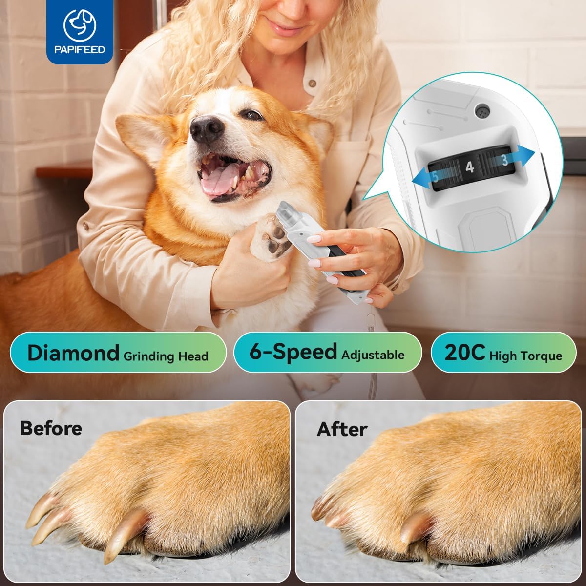 PAPIFEED Molinillo de uñas silencioso para perros de alto par – Cortadora de uñas ajustable de 6 velocidades con 2 luces LED y cubierta a prueba de polvo, potente motor para perros y gatos grandes