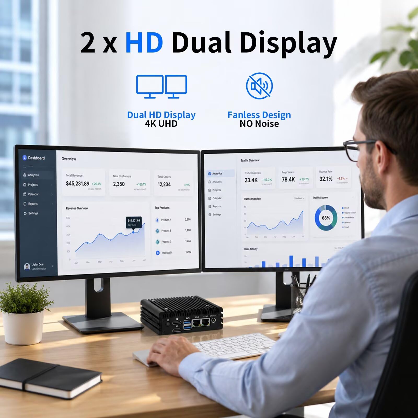 Micro Firewall Appliance, Fanless Mini PC N100 4C/4T, 2X 2.5 GbE i226V LAN,AES-NI,DDR5 0G SSD 0G NVME Barebone Router Netzwerk Security 6USB/2HD Dual Display
