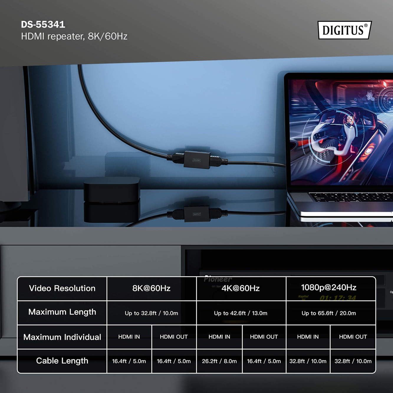 DIGITUS DS-55341 Repeater HDMI - UHD 8K/60 Hz (7680 × 4320p) maks. 10 m - UHD 4K/60 Hz maks. 13 m - Wzmacniacz sygnału, HDMI 2.1, HDCP 2.3, Deep Colour, DTS, Dolby Digital, LPCM - Zasilanie: USB-C