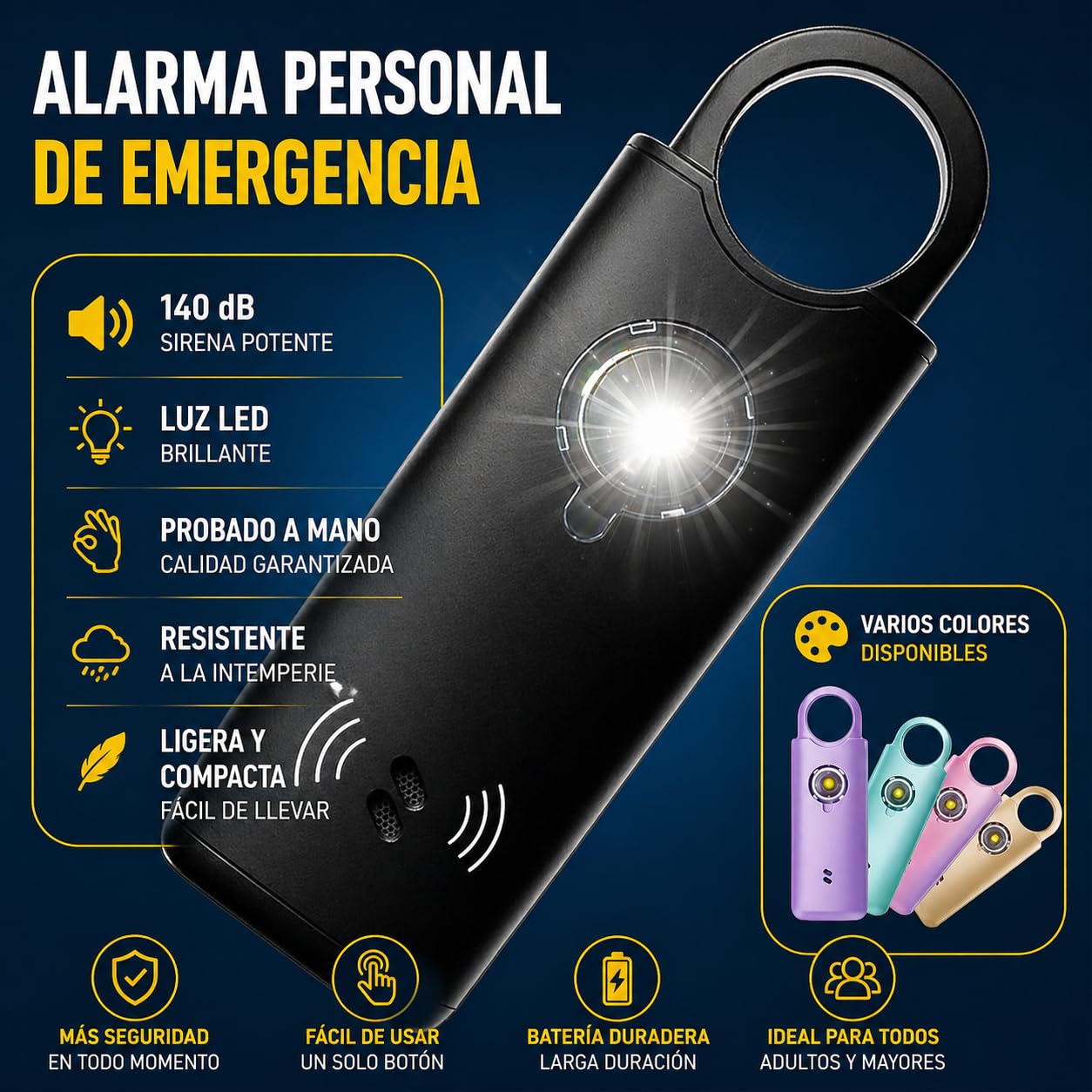 Voltek News Kit Alarma Metal Pestillo de Seguridad Mujer Defensa + Detector Puerta y Ventana Autodefensa Auto Alarma Mini Independiente + Silbato Emergencia Personal Lámpara Potente 135 DB, USB-C