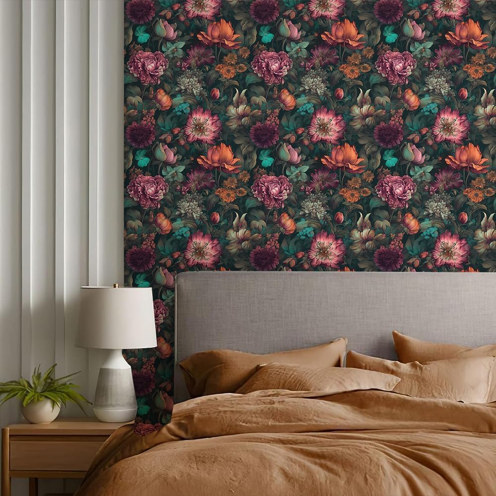REDAMANCY Exotic Vintage Flower Forest Purple/Pink/Red Peony Floral Peel and Stick Wallpaper Stick on Contact Paper Vintage Wall Paper Easy Peel Off for nightstand Drawer Cabinet