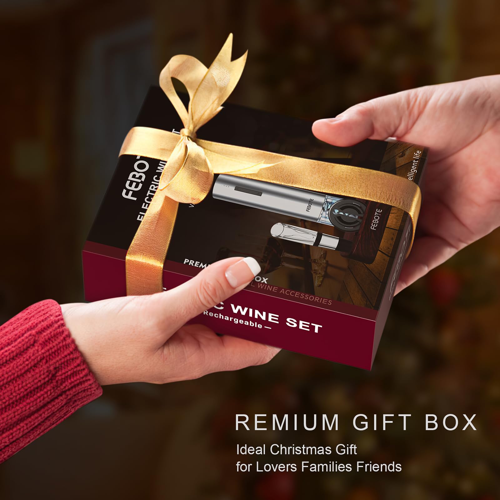 FEBOTE Electric Wine Opener Set, Rechargable Automatic Wine Bottle Corkscrew Opener with Wood Stand - 2 Vacuum Wine Stoppers Wine Aerator Foil Cutter for Home Bar Party Valentine's Day Christmas Gift